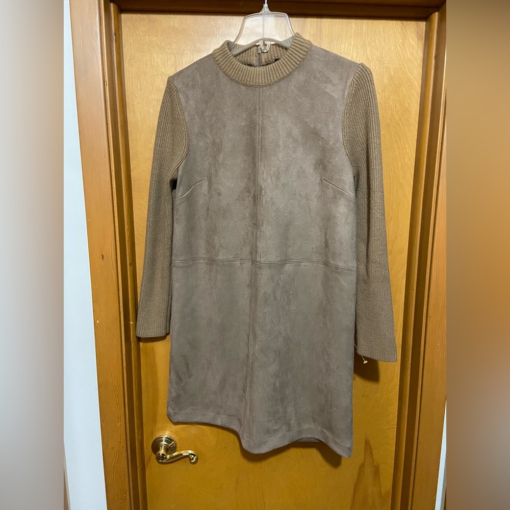 Ann Taylor Tan Faux Suede Dress with Long Knit Sleeves.  Back Zipper.
